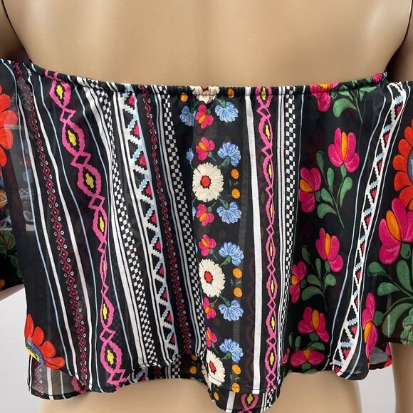 Show Me Your Mumu Boho Floral Off-Shoulder Cropped Flowy Top Black Multicolor M - Picture 7 of 10